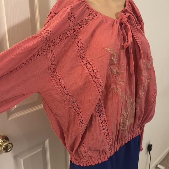 Free People Athena Orange Embroidered Lace Details Bohemian Top Size Medium - Picture 5 of 9